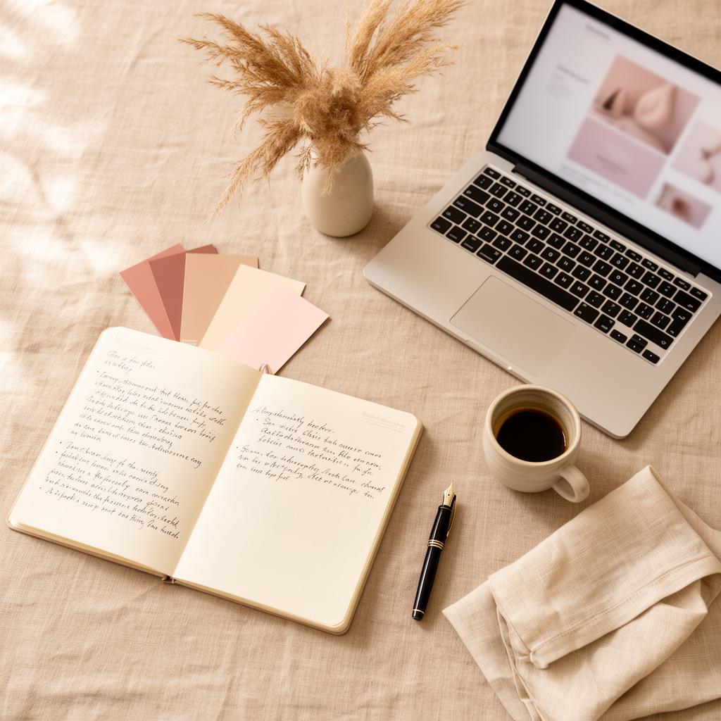Calm minimal creative workspace flat-lay with notebook, color swatches, laptop, and coffee on warm beige linen