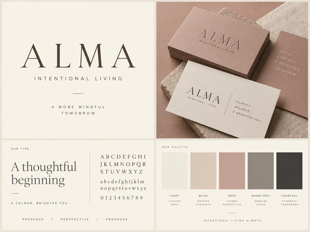 Concept ALMA brand board with wordmark, stationery, typography, and color palette