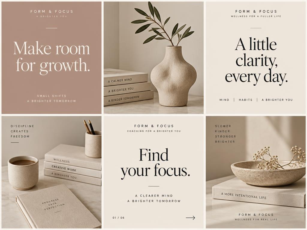 Concept social feed with editorial quote graphics and warm still-life photography
