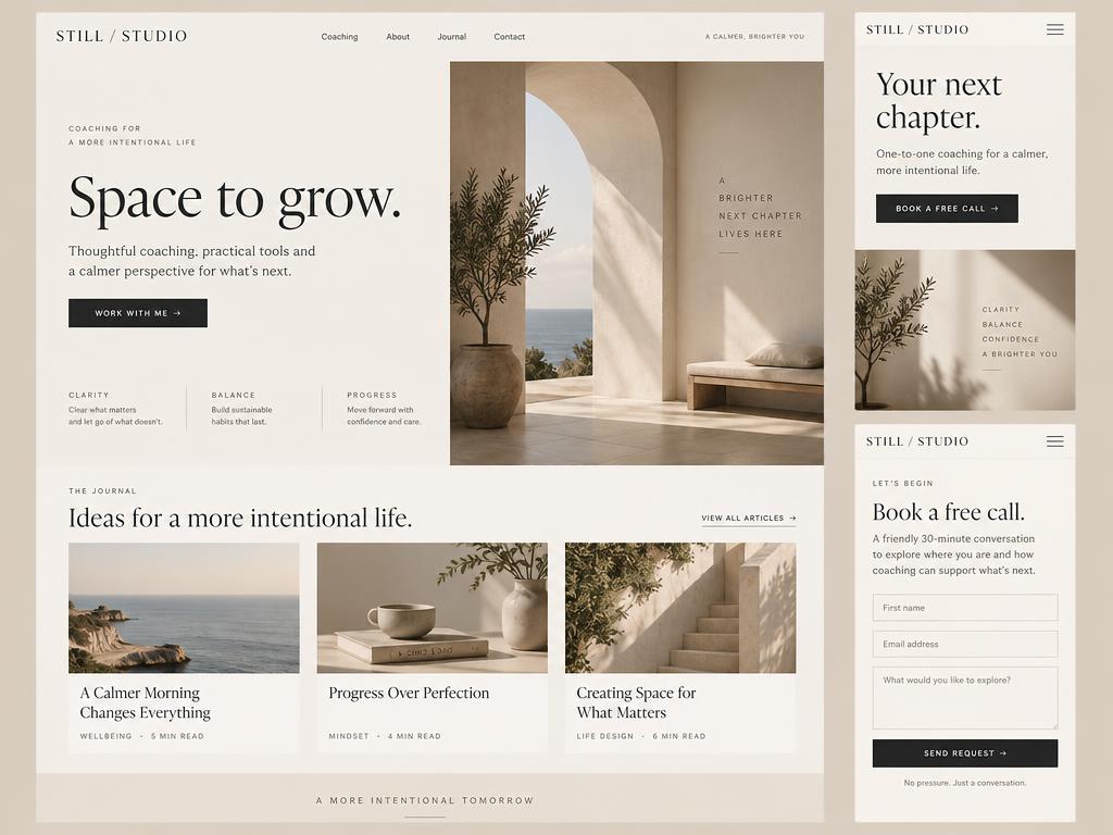 Concept coaching website with desktop and mobile layouts and a booking form